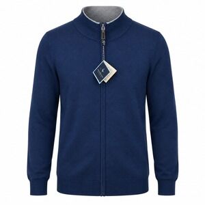 Tailorbyrd Full Zip Sweater Men M Navy Blue Mock Neck Cotton Blend Ribbed Trim